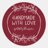 Whimsical Burgundy Handmade with Love Ronde Sticker (Voorkant)