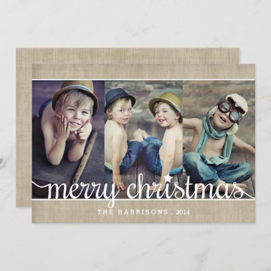 Whimsical Burlap Rustic Merry-kerstfoto Feestdagenkaart (Voorkant / Achterkant)