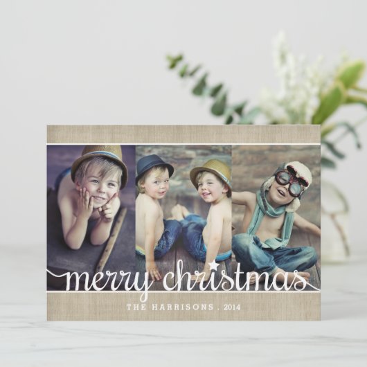 Whimsical Burlap Rustic Merry-kerstfoto Feestdagenkaart (Staand voorkant)