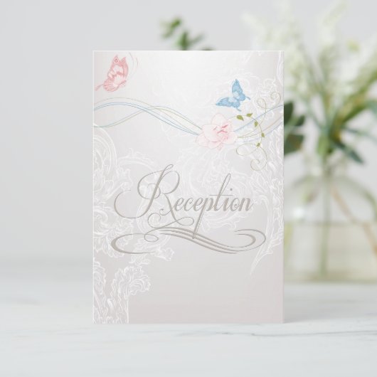 Whimsical Butterflies en Lace Reception nodigen Kaart (Staand voorkant)