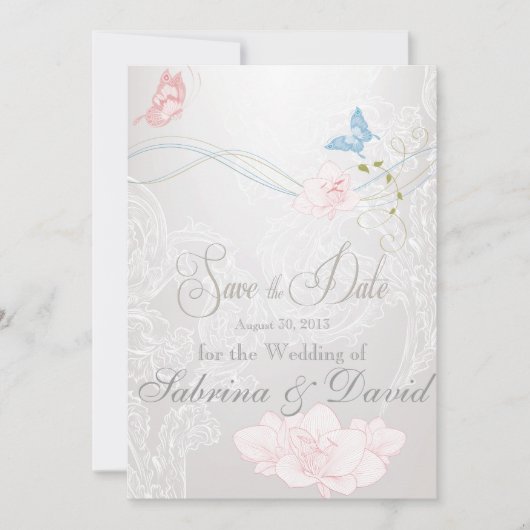 Whimsical Butterflies en Lace Save the Date (Voorkant)