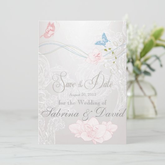 Whimsical Butterflies en Lace Save the Date (Staand voorkant)