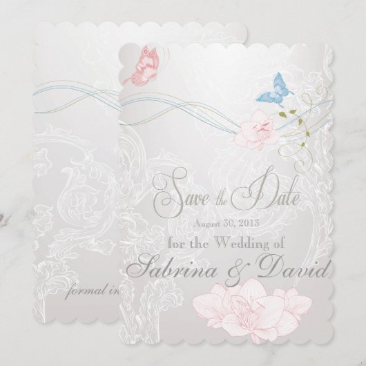 Whimsical Butterflies en Lace Save the Date (Voorkant / Achterkant)