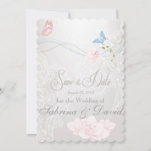Whimsical Butterflies en Lace Save the Date (Voorkant)