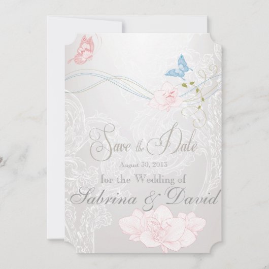 Whimsical Butterflies en Lace Save the Date (Voorkant)