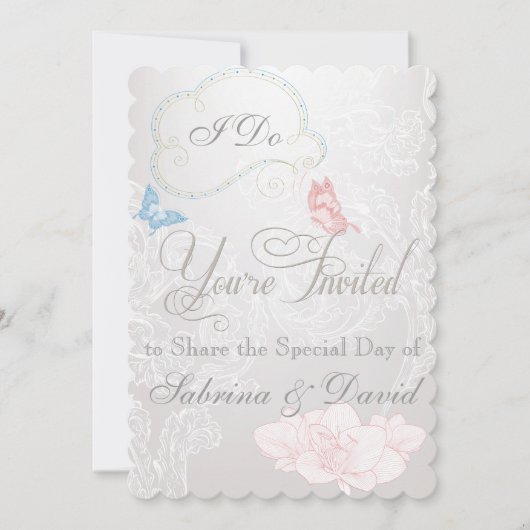 Whimsical Butterflies en Lace Wedding Invitation Kaart (Voorkant)