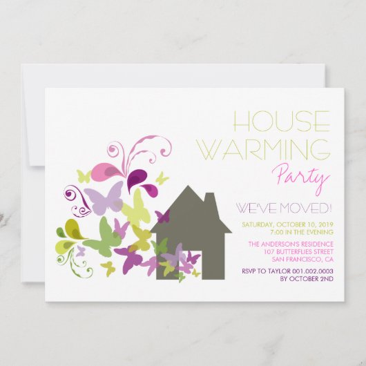 Whimsical Butterflies House Warming Party Invite Kaart (Voorkant)