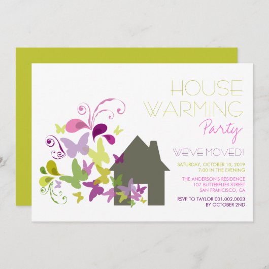 Whimsical Butterflies House Warming Party Invite Kaart (Voorkant / Achterkant)