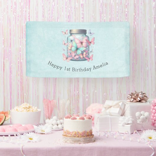 Whimsical Butterflies in a Jar Birthday Spandoek (Feest)