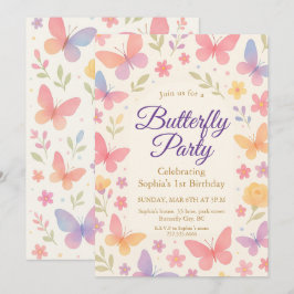 Whimsical Butterfly 1st Birthday Party Kaart