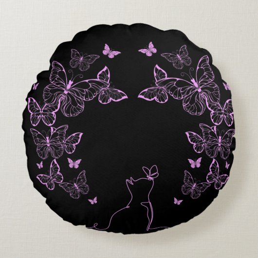 Whimsical Butterfly and Cat line art Rond Kussen (Voorkant)