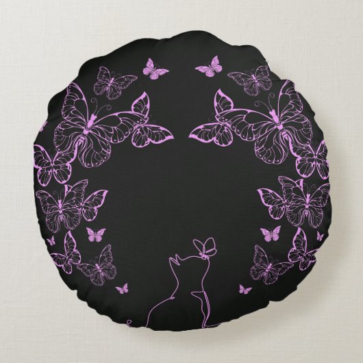 Whimsical Butterfly and Cat line art Rond Kussen (Achterkant)