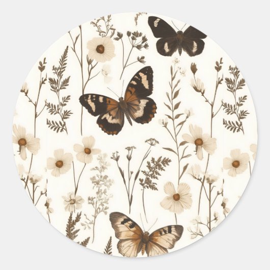 Whimsical Butterfly and Flower Pattern Ronde Sticker (Voorkant)