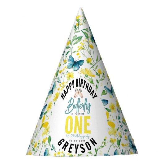Whimsical Butterfly Floral 1e verjaardag Feesthoedjes (Voorkant)