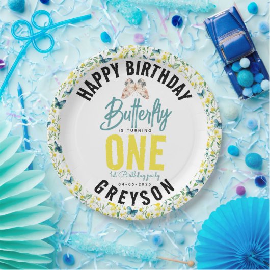 Whimsical Butterfly Floral 1e verjaardag Papieren Bordje (Feest)