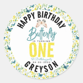 Whimsical Butterfly Floral 1e verjaardag Ronde Sticker