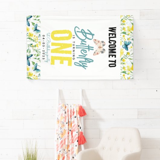 Whimsical Butterfly Floral 1e verjaardag Spandoek (Insitu)