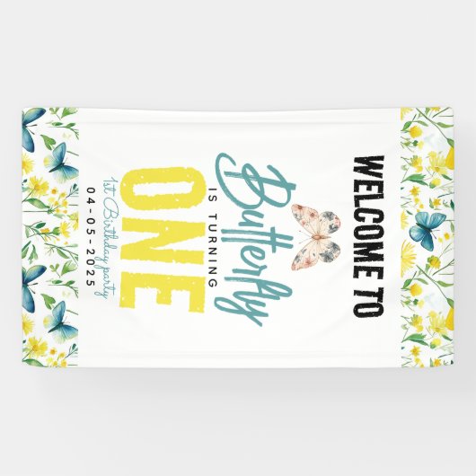 Whimsical Butterfly Floral 1e verjaardag Spandoek (Horizontaal)