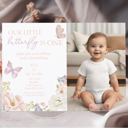 Whimsical Butterfly Garden Eerste Verjaardag Foto Kaart