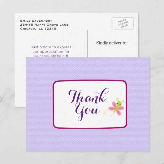 Whimsical Butterfly op Lila Polka Dots Bedankt Briefkaart (Voorkant / Achterkant)