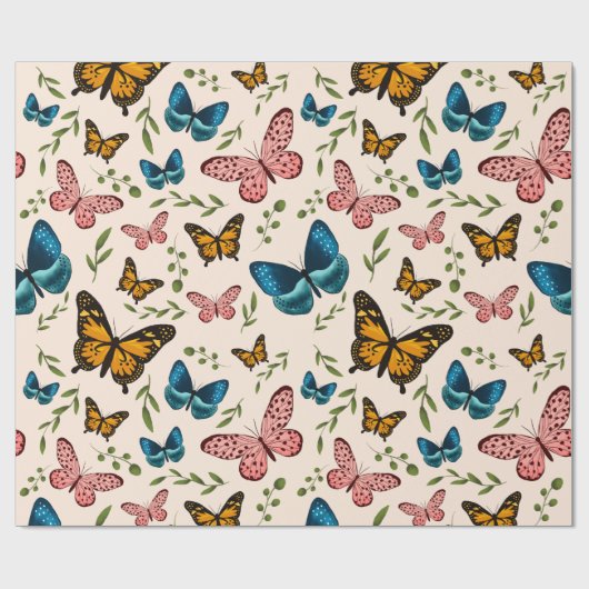 Whimsical Butterfly Pattern met Green Leaves Cadeaupapier (Vlak)