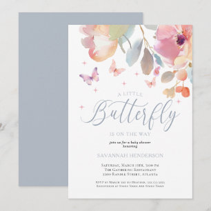 Whimsical Butterfly Pink Blue Floral Baby shower Kaart