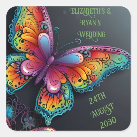 Whimsical Butterfly Romance bruiloft uitnodiging Vierkante Sticker (Voorkant)