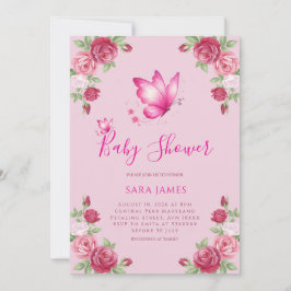 Whimsical Butterfly & Rose Baby Shower Invitation Kaart