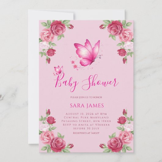 Whimsical Butterfly & Rose Baby Shower Invitation Kaart (Voorkant)