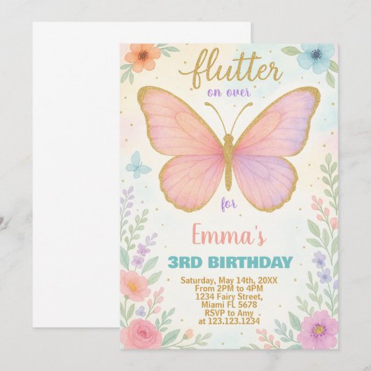 Whimsical Butterfly Verjaardag Uitnodiging (Voorkant / Achterkant)