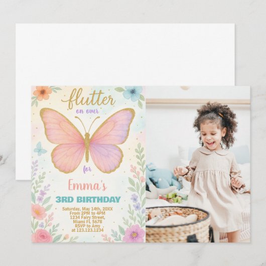 Whimsical Butterfly Verjaardag Uitnodiging met fot (Voorkant / Achterkant)
