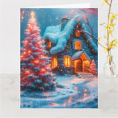Whimsical Cabin met roze kerstboom Kaart (Gele Bloem)