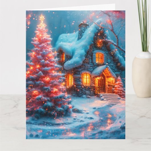 Whimsical Cabin met roze kerstboom Kaart (Voorkant)
