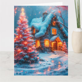 Whimsical Cabin met roze kerstboom Kaart