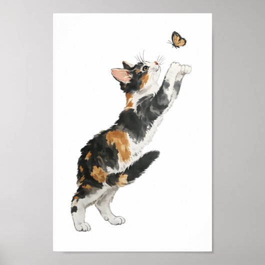 Whimsical Calico Cat & Butterfly Watercolor Art Poster (Voorkant)