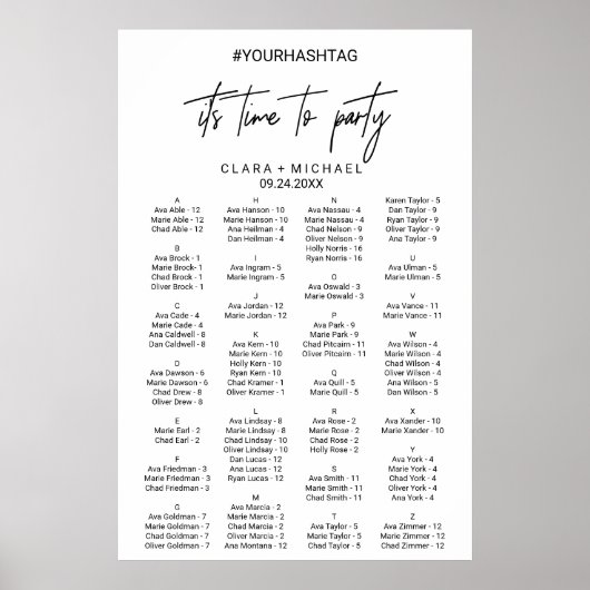 Whimsical Calligraphy Alphabetical Seating Chart Poster (Voorkant)