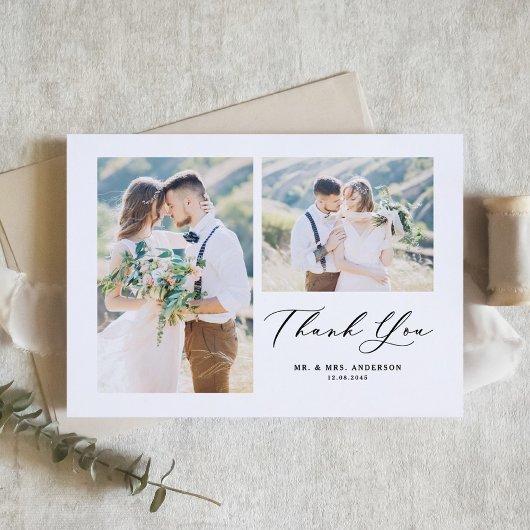 Whimsical Calligraphy Black Photo Collage Wedding Bedankkaart
