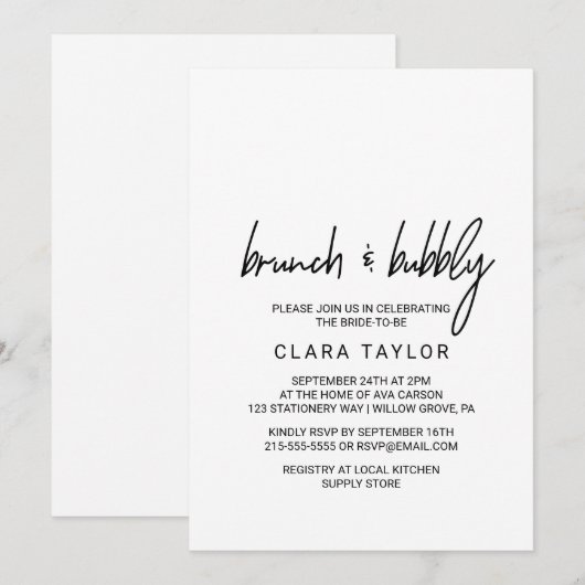 Whimsical Calligraphy Brunch & Bubble Kaart (Voorkant / Achterkant)