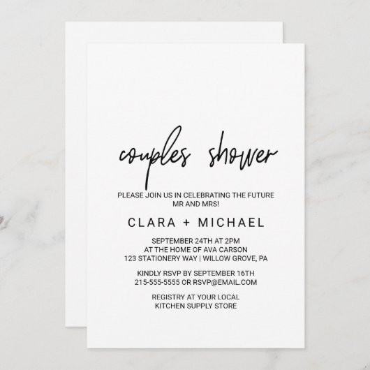 Whimsical Calligraphy Couples Shower Kaart (Voorkant / Achterkant)