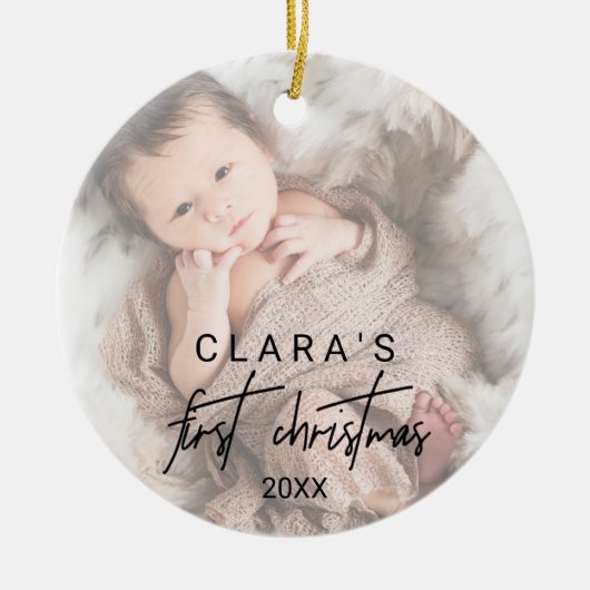 Whimsical Calligraphy Faded Foto First Kerstmis Keramisch Ornament (Voorkant)