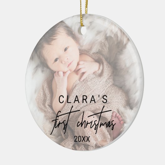 Whimsical Calligraphy Faded Foto First Kerstmis Keramisch Ornament (Links)