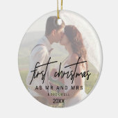 Whimsical Calligraphy Faded Foto Mr. en Mrs. Keramisch Ornament (Links)