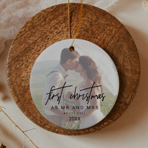 Whimsical Calligraphy Faded Foto Mr. en Mrs. Keramisch Ornament