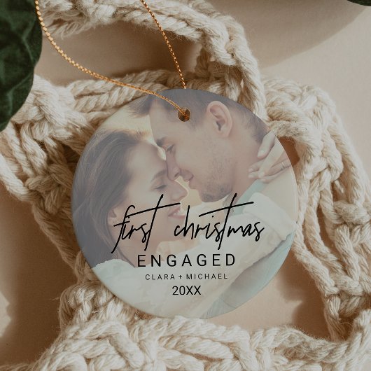 Whimsical Calligraphy Faded Photo Engaged Keramisch Ornament