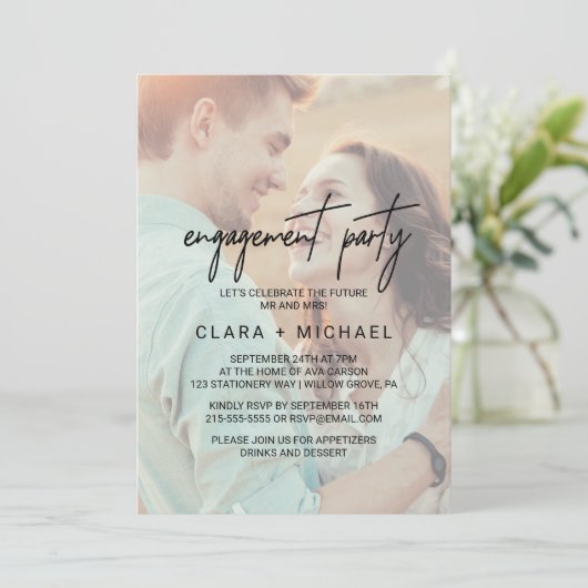 Whimsical Calligraphy Faded Photo Engagement Party Kaart (Staand voorkant)