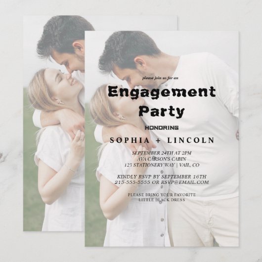 Whimsical Calligraphy Faded Photo Engagement Party Kaart (Voorkant / Achterkant)