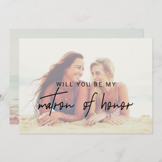 Whimsical Calligraphy Faded Photo Matron of Honor Kaart (Voorkant / Achterkant)