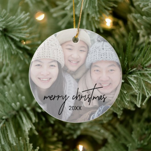 Whimsical Calligraphy Faded Photo Merry kerst Keramisch Ornament (Boom)