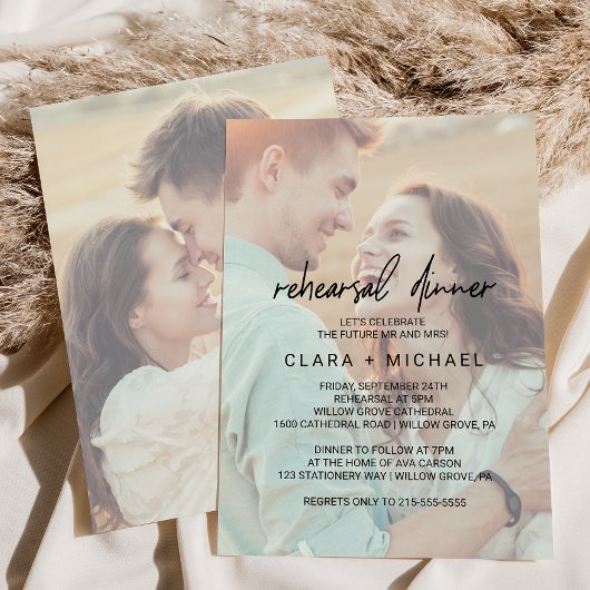 Whimsical Calligraphy Faded Photo Rehearsal Dinner Kaart