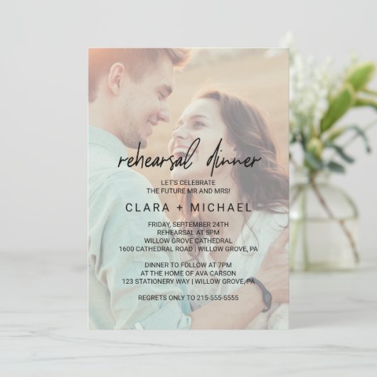 Whimsical Calligraphy Faded Photo Rehearsal Dinner Kaart (Staand voorkant)